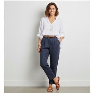 Garnet Hill Linen Pants Women 10 Relaxed Tapered Leg Elastic Waist Blue Chambray